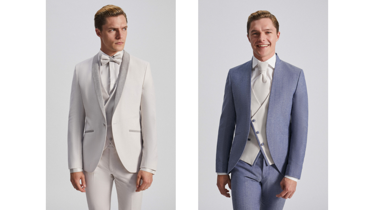 Due abiti da sposo: uno bianco e uno azzurro