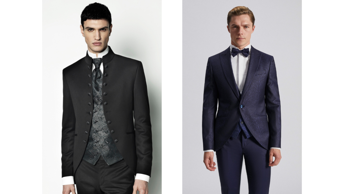 Due abiti da sposo damascati: uno nero e uno blu